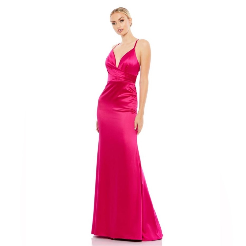 NWT Ieena for Max Duggal 26264 Plunge Faux Wrap Neck Gown in Fuchsia Size 4
